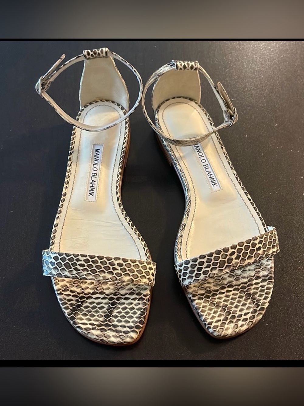 Manolo Blahnik Neutral Snake-Print Ankle-Strap Sandals